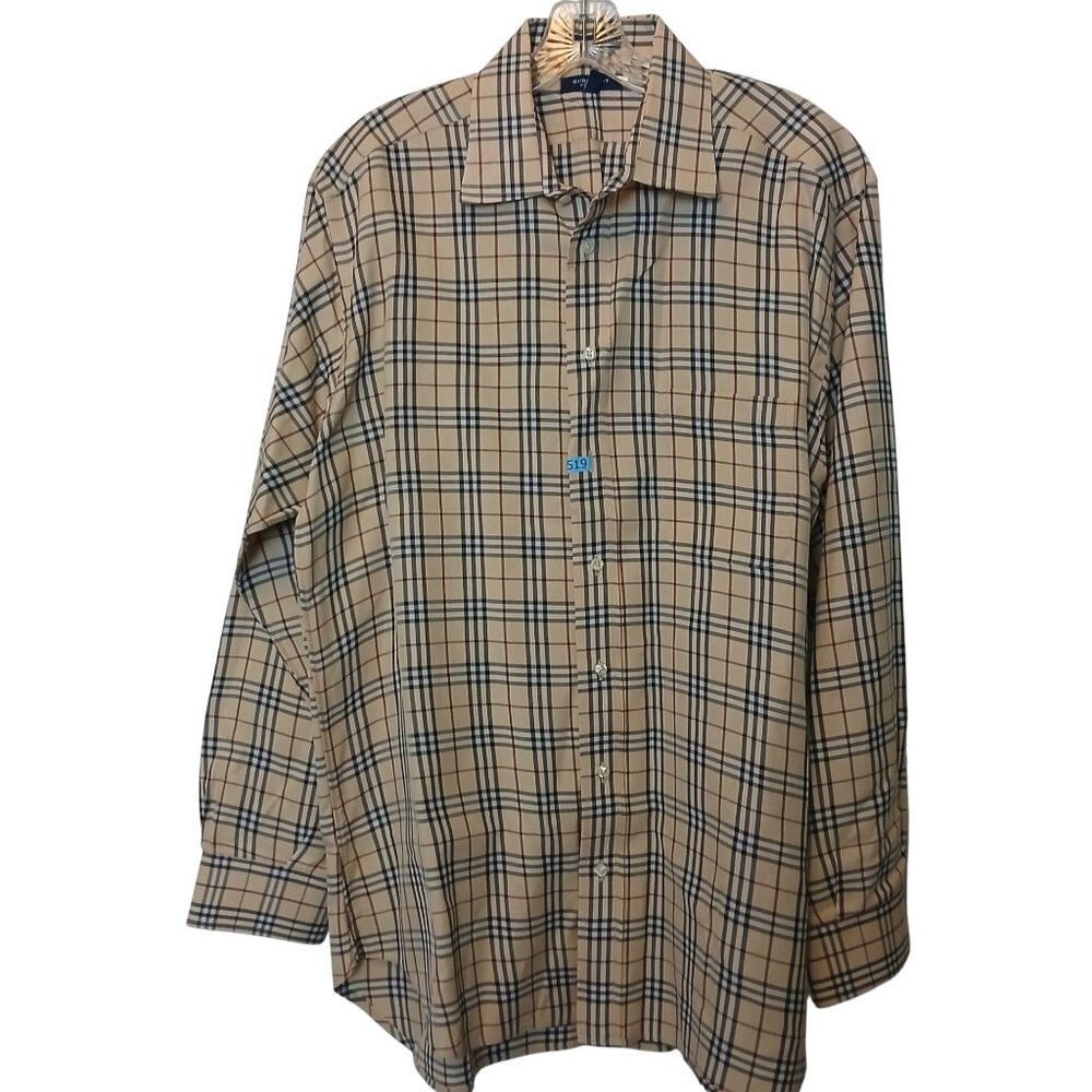 Burberry London Shirt Mens 16.5/35 Beige Nova Check Button Down Made USA VTG D42